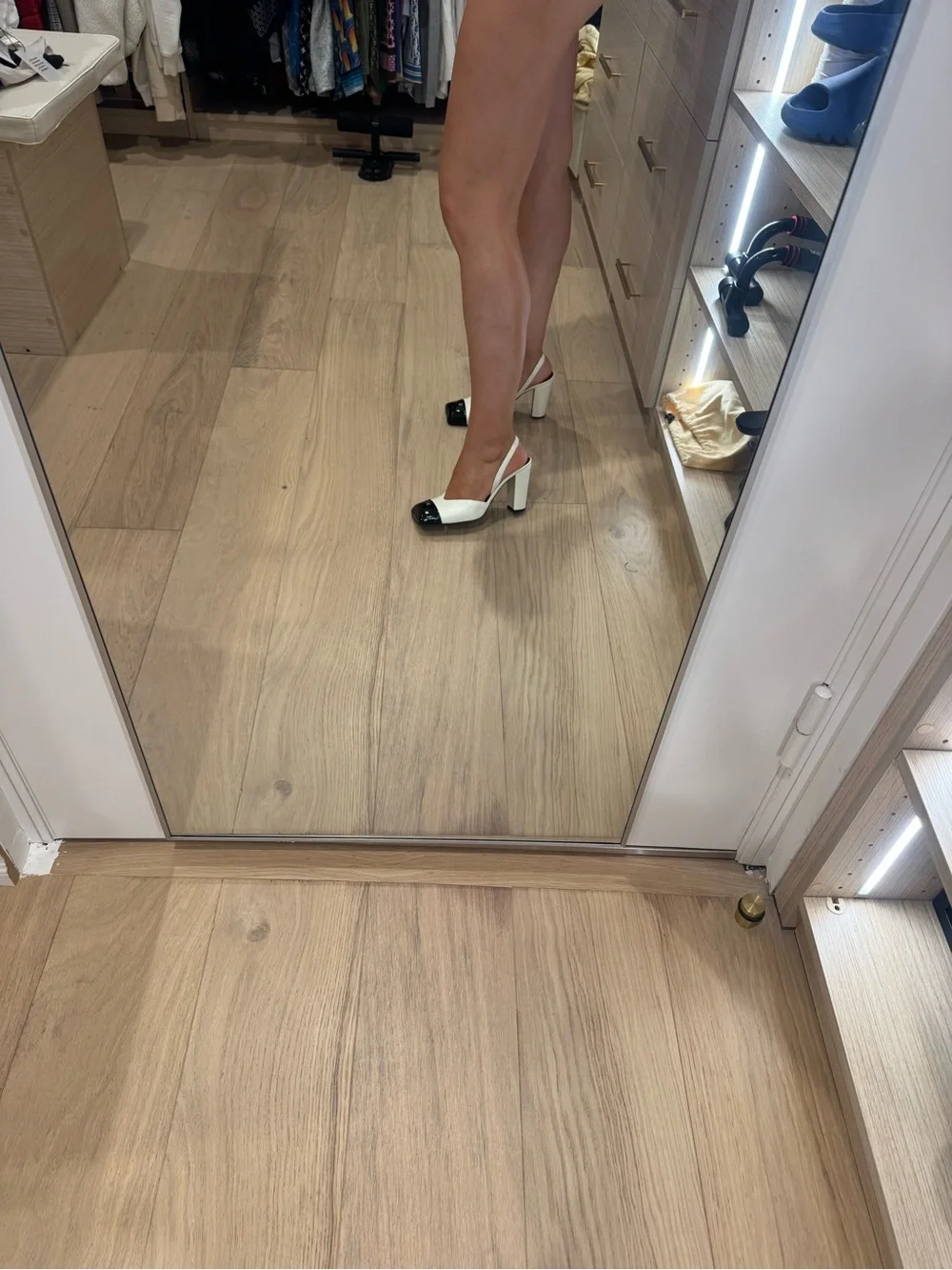 CHANEL White and Black Two-Tone Slingback Block Heel Pumps